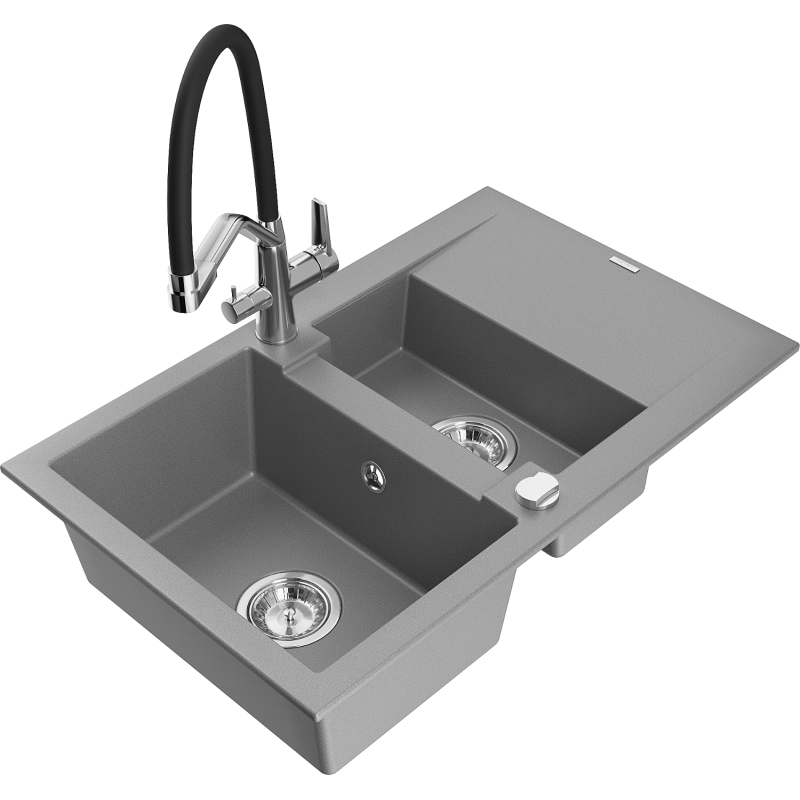 Mexen Gaspar lava-loiça de granito de 1,5 bacias com escorredor e torneira de cozinha Duo, cinzento - 6507-71-671701-07