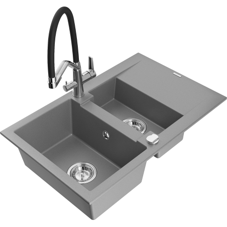 Mexen Gaspar granitizlietne ar 1,5 kameru un notekas sistēmu un virtuves krānu Duo, pelēka - 6507-71-671701-07