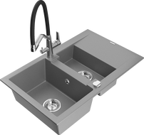 Mexen Gaspar granite sink 1.5-bowl with drainer and Duo kitchen tap, grey - 6507-71-671701-07