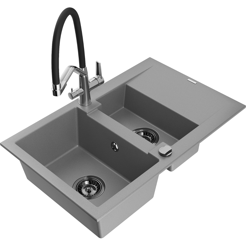 Mexen Gaspar lava-loiça de granito de 1,5 compartimentos com escorredor e torneira de cozinha Duo, cinza - 6507-71-671701-07-B