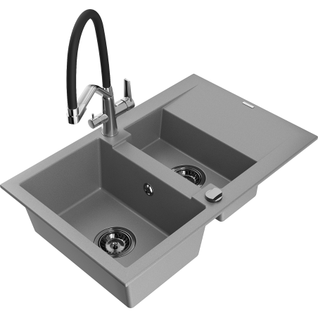 Mexen Gaspar granite sink 1.5-bowl with drainer and Duo kitchen tap, grey - 6507-71-671701-07-B