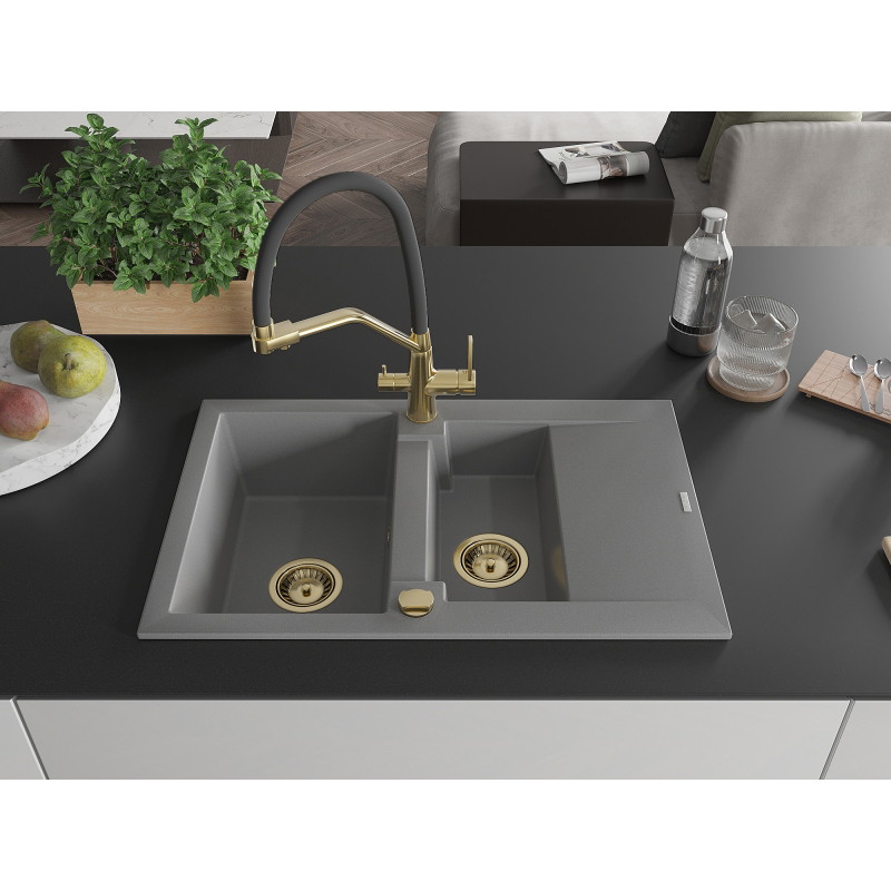 Mexen Gaspar fregadero de granito 1,5 senos con escurridor y grifo de cocina Duo, gris - 6507-71-671701-57-G