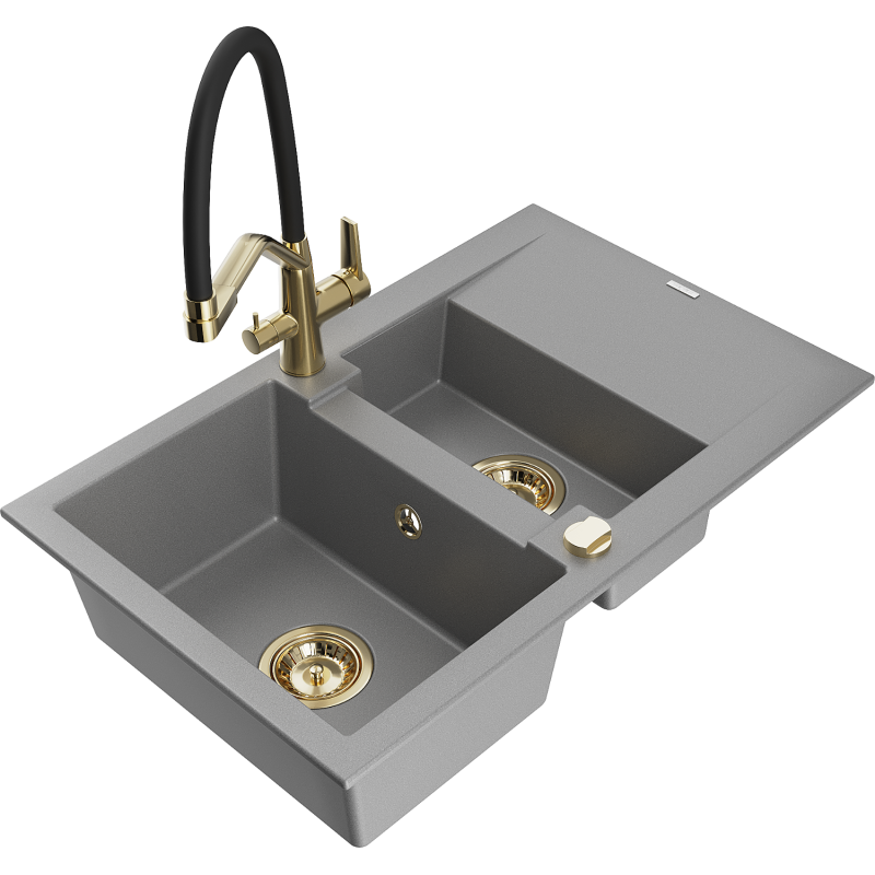 Mexen Gaspar fregadero de granito de 1,5 senos con escurridor y grifo de cocina Duo, gris - 6507-71-671701-57-G
