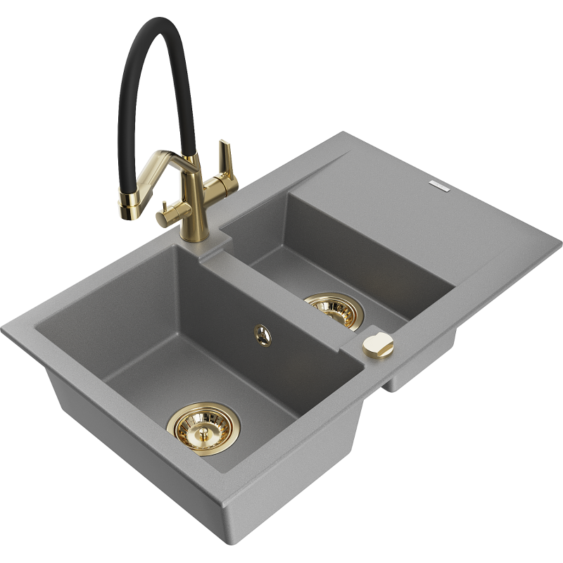 Mexen Gaspar lava-loiça em granito 1,5-cuba com escorredor e torneira de cozinha Duo, cinza - 6507-71-671701-57-G