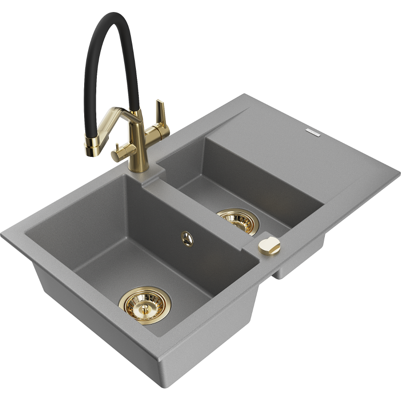 Mexen Gaspar lavello in granito 1,5 vasche con scolapiatti e rubinetto Duo, grigio - 6507-71-671701-57-G