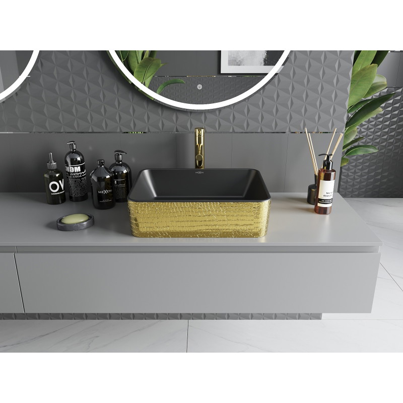 Mexen Catia lavabo sobre encimera 48 x 37 cm, negro mate/patrón dorado de escamas - 21314878