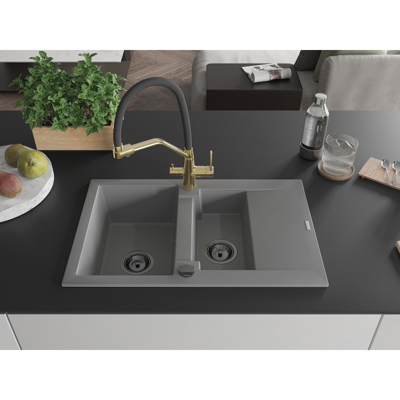Mexen Gaspar fregadero de granito de 1,5 senos con escurridor y grifo de cocina Duo, gris - 6507-71-671701-57-B