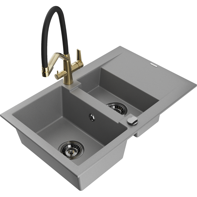 Mexen Gaspar fregadero de granito de 1,5 compartimentos con escurridor y grifo de cocina Duo, gris - 6507-71-671701-57-B