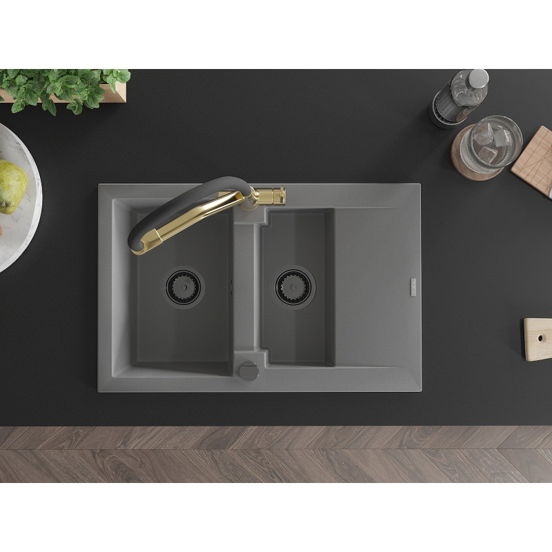 Mexen Gaspar fregadero de granito de 1,5 senos con escurridor y grifo de cocina Duo, gris - 6507-71-671701-57-B