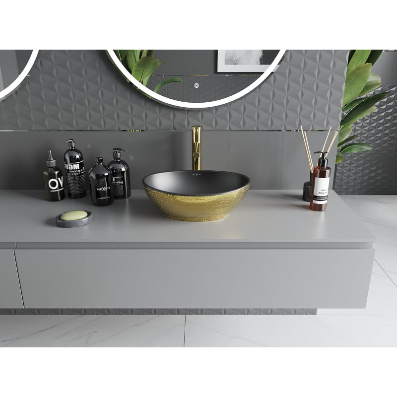 Mexen Elza opbouw wastafel 40 x 33 cm, zwart mat/goud visgraatmotief - 21014028