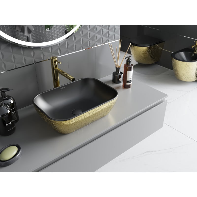 Mexen Rita lavatório de bancada 45 x 32 cm, preto mate/padrão dourado escama - 21084578