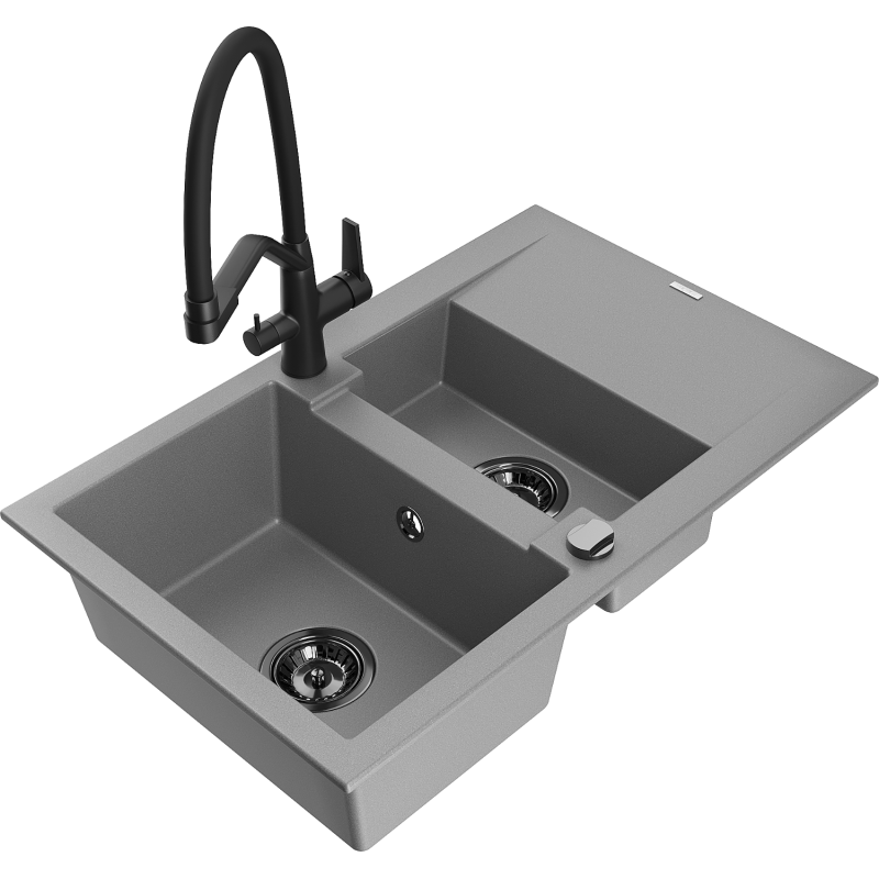 Mexen Gaspar fregadero de granito de 1,5 senos con escurridor y grifo de cocina Duo, gris - 6507-71-671701-70-B