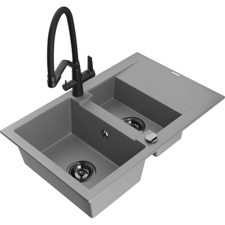 Mexen Gaspar fregadero de granito de 1,5 senos con escurridor y grifo de cocina Duo, gris - 6507-71-671701-70-B