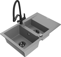 Mexen Gaspar granite sink 1.5-bowl with drainer and Duo kitchen faucet, gray - 6507-71-671701-70-B