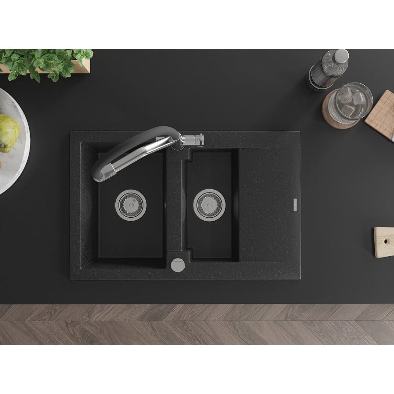 Mexen Gaspar Granitspüle 1,5-Becken mit Abtropffläche und Küchenarmatur Duo, schwarz/silberner Metallic - 6507-73-671701-07