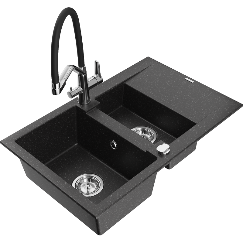 Mexen Gaspar granite sink 1.5-bowl with drainer and Duo kitchen tap, black/silver metallic - 6507-73-671701-07