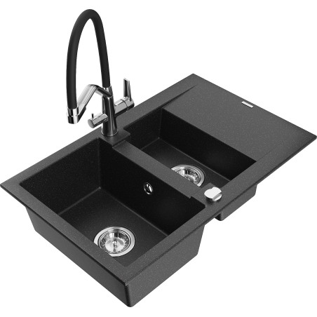 Mexen Gaspar granite sink 1.5-bowl with drainer and Duo kitchen tap, black/silver metallic - 6507-73-671701-07