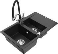 Mexen Gaspar 1.5-compartment granite sink with drainer and Duo kitchen faucet, black/silver metallic - 6507-73-671701-07