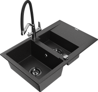 Mexen Gaspar 1.5-bowl granite sink with drainer and Duo kitchen tap, black/silver - 6507-73-671701-07-B