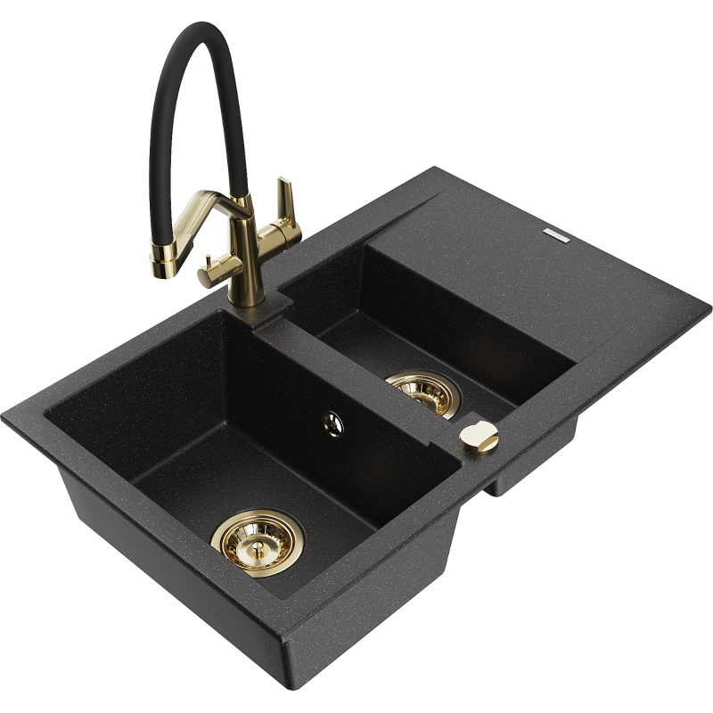 Mexen Gaspar fregadero de granito de 1,5 senos con escurridor y grifo de cocina Duo, negro/plata - 6507-73-671701-57-G