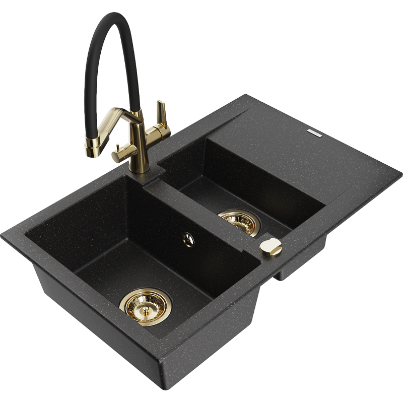 Mexen Gaspar lava-louça de granito 1,5-câmara com escorredor e torneira de cozinha Duo, preto/prata - 6507-73-671701-57-G