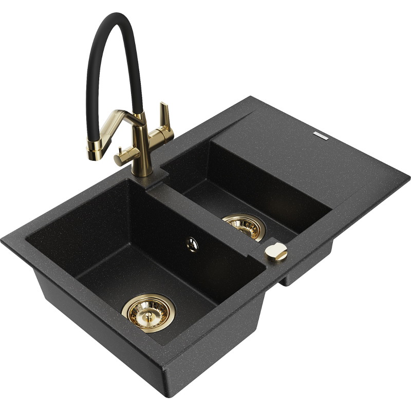 Mexen Gaspar lavello in granito a 1,5 vasca con scolapiatti e rubinetto Duo, nero/argento - 6507-73-671701-57-G