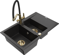 Mexen Gaspar 1.5-bowl granite sink with drainer and kitchen faucet Duo, black/silver - 6507-73-671701-57-G