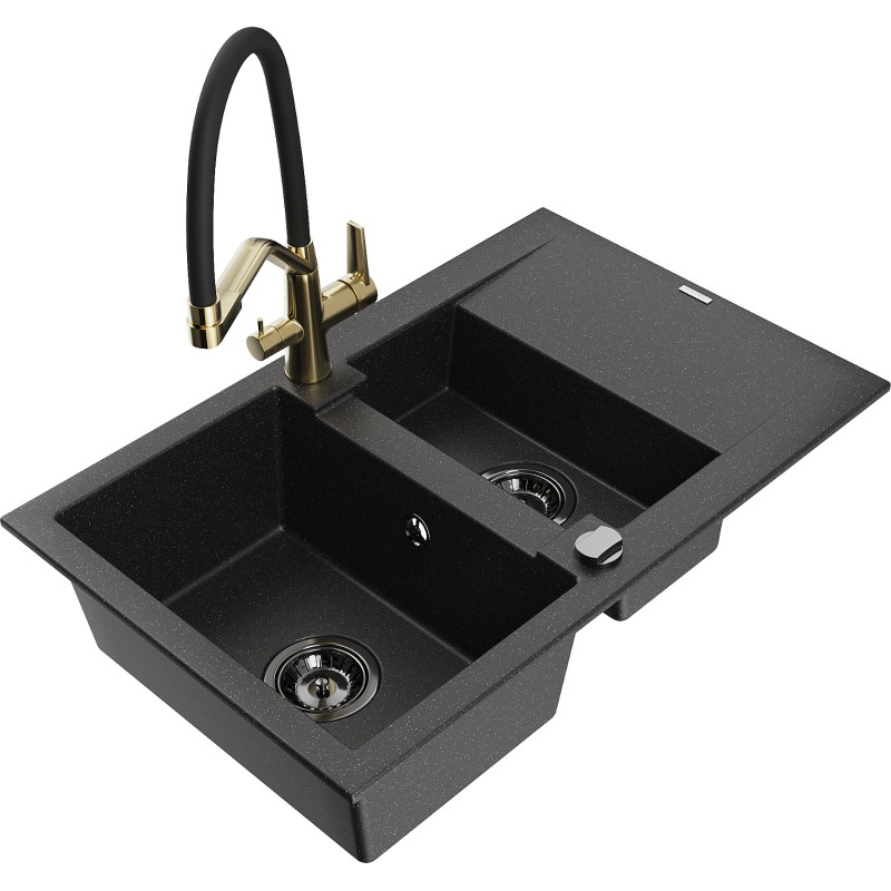 Mexen Gaspar granieten spoelbak 1,5-comparteiment met afdruiprek en Duo keukenkraan, zwart/zilver - 6507-73-671701-57-B