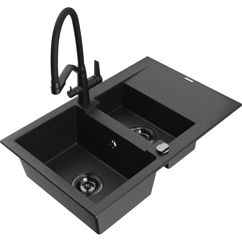 Mexen Gaspar fregadero de granito de 1,5 compartimentos con escurridor y grifo de cocina Duo, negro/plata - 6507-73-671701-70-B