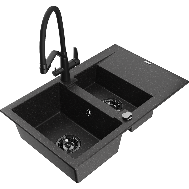 Mexen Gaspar fregadero de granito de 1,5 senos con escurridor y grifo de cocina Duo, negro/plata - 6507-73-671701-70-B