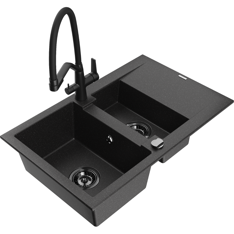 Mexen Gaspar granite sink 1.5-bowl with drainer and Duo kitchen tap, black/silver - 6507-73-671701-70-B
