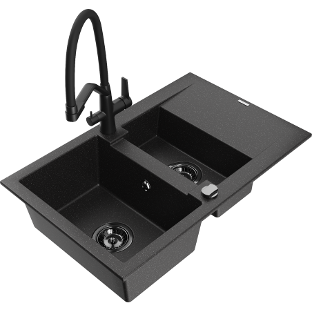 Mexen Gaspar granite sink 1.5-bowl with drainer and Duo kitchen tap, black/silver - 6507-73-671701-70-B