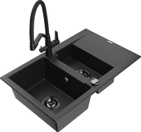 Mexen Gaspar granite sink 1.5-bowl with drainer and Duo kitchen tap, black/silver - 6507-73-671701-70-B