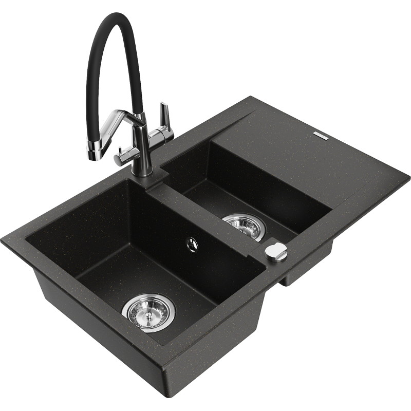 Mexen Gaspar 1,5-vaks granieten spoelbak met afdruiprek en keukenmengkraan Duo, zwart/goud metallic - 6507-75-671701-07