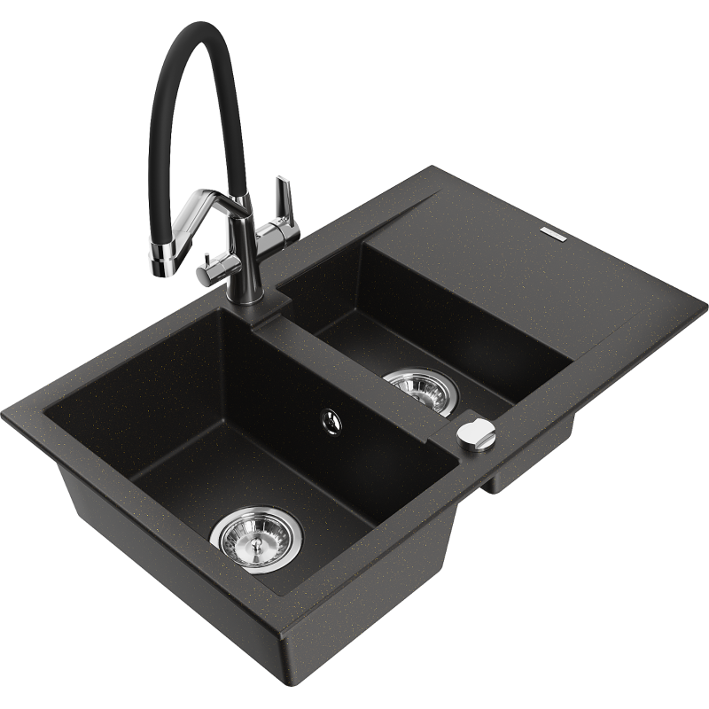 Mexen Gaspar granitdiskho 1,5-fack med avrinningsyta och köksblandare Duo, svart/guld metallisk - 6507-75-671701-07