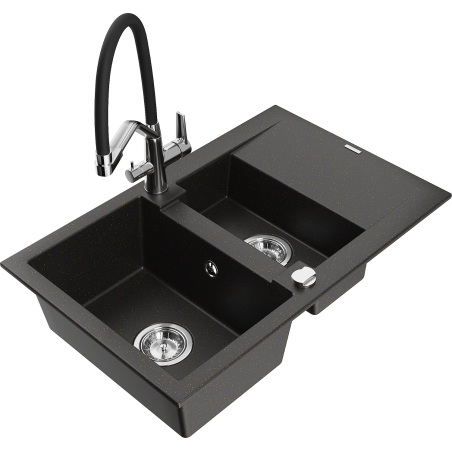 Mexen Gaspar Granitspüle 1,5-Becken mit Abtropffläche und Küchenarmatur Duo, schwarz/gold metallic - 6507-75-671701-07