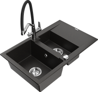 Mexen Gaspar 1.5-bowl granite sink with drainer and Duo kitchen faucet, black/gold metallic - 6507-75-671701-07