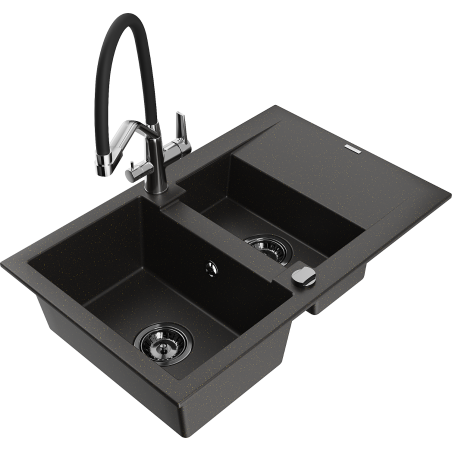 Mexen Gaspar lavello in granito 1,5 vasche con scolapiatti e miscelatore cucina Duo, nero/oro metallico - 6507-75-671701-07-B