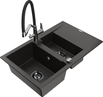 Mexen Gaspar 1.5-bowl granite sink with drainer and Duo kitchen tap, black/gold metallic - 6507-75-671701-07-B