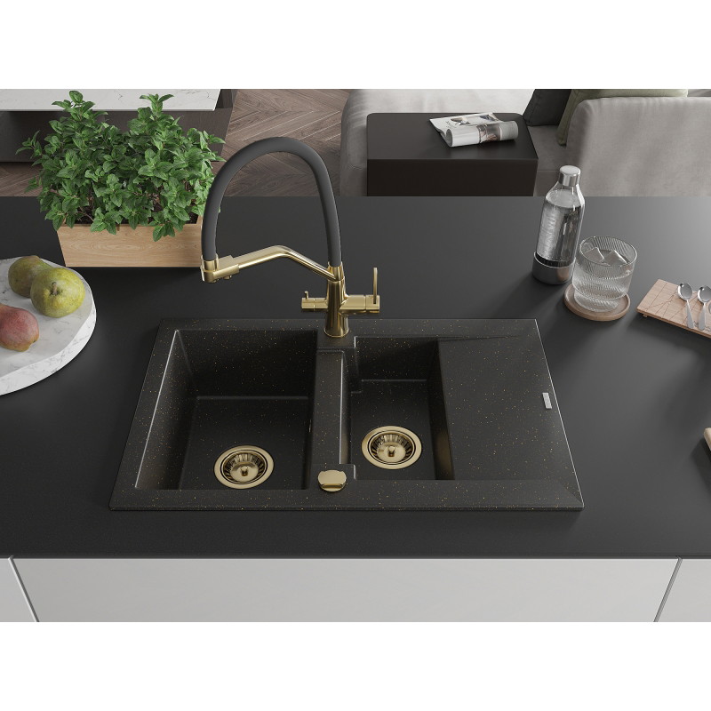 Mexen Gaspar Granitspüle 1,5-fach mit Abtropffläche und Küchenarmatur Duo, schwarz/gold metallic - 6507-75-671701-57-G