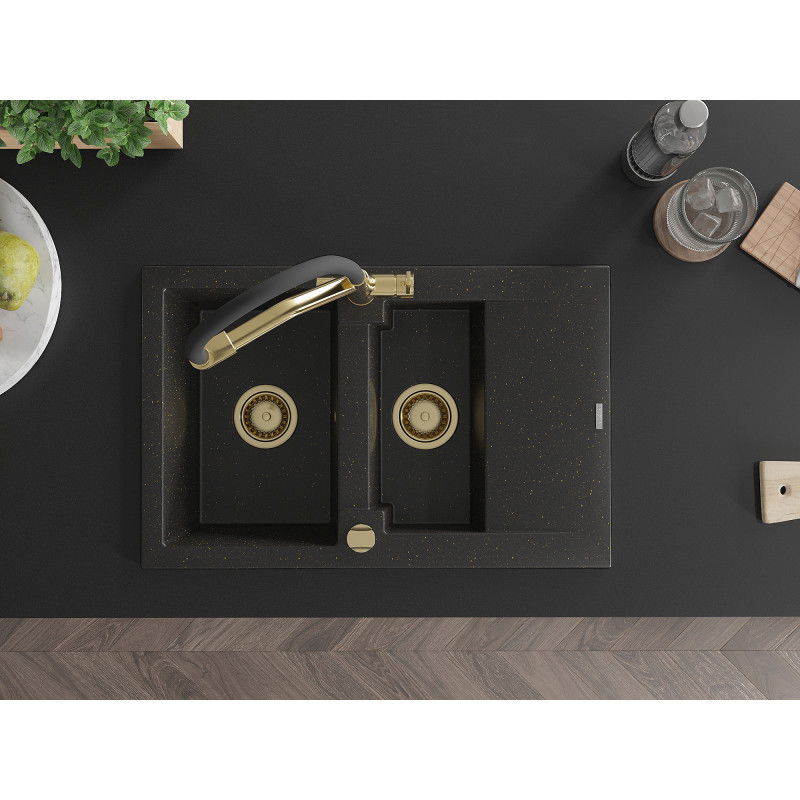 Mexen Gaspar fregadero de granito 1,5 senos con escurridor y grifo de cocina Duo, negro/metalizado dorado - 6507-75-671701-57-G