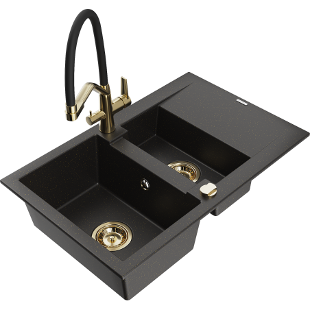 Mexen Gaspar Granitspüle 1,5-fach mit Abtropffläche und Küchenarmatur Duo, schwarz/gold metallic - 6507-75-671701-57-G