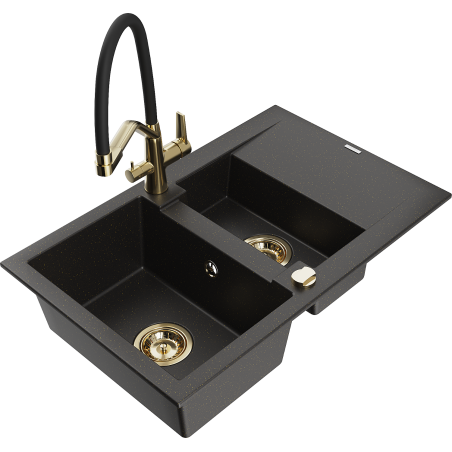 Mexen Gaspar lavello in granito a 1,5 vasche con scolapiatti e rubinetto da cucina Duo, nero/oro metallico - 6507-75-671701-57-G