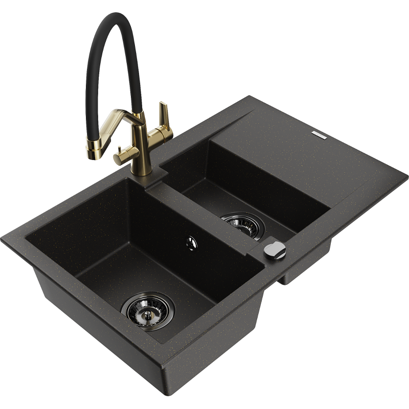Mexen Gaspar fregadero de granito de 1,5 compartimientos con escurridor y grifo de cocina Duo, negro/dorado metálico