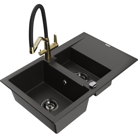 Mexen Gaspar fregadero de granito de 1,5 compartimientos con escurridor y grifo de cocina Duo, negro/dorado metálico