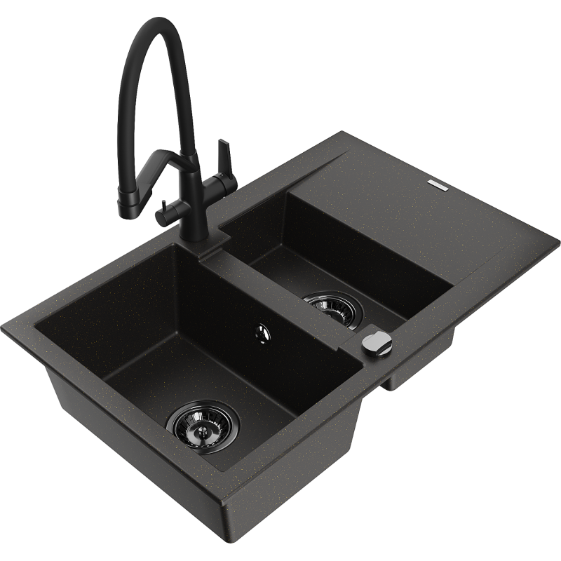Mexen Gaspar fregadero de granito de 1,5 senos con escurridor y grifo de cocina Duo, negro/dorado metálico