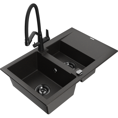 Mexen Gaspar fregadero de granito de 1,5 senos con escurridor y grifo de cocina Duo, negro/dorado metálico