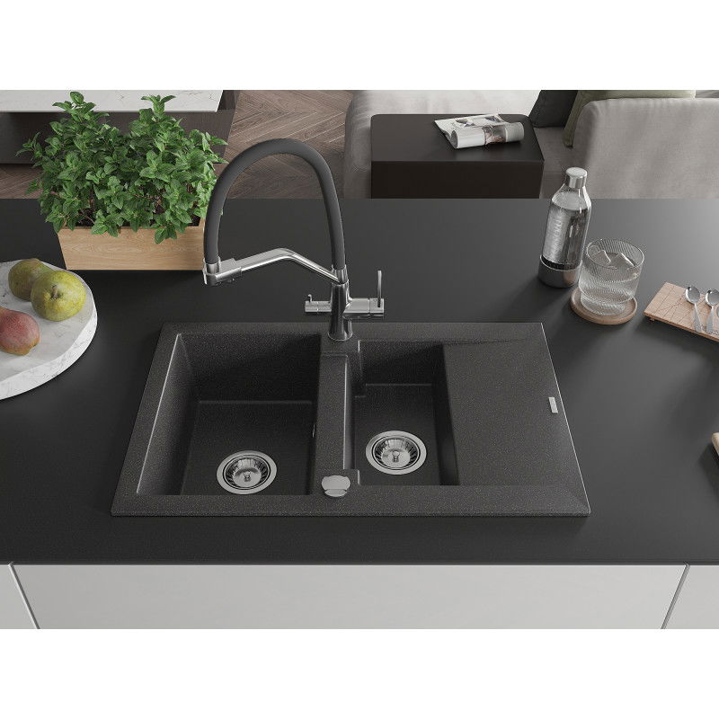 Mexen Gaspar 1.5-bowl granite kitchen sink with drainer and Duo kitchen tap, black speckled - 6507-76-671701-07