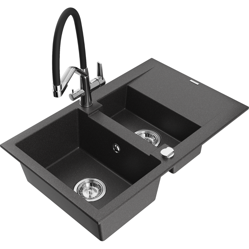 Mexen Gaspar 1.5-bowl granite kitchen sink with drainer and Duo kitchen tap, black speckled - 6507-76-671701-07