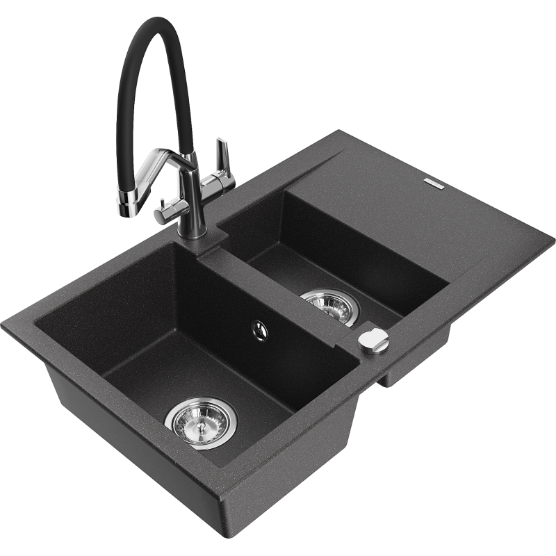 Mexen Gaspar fregadero de granito de 1,5 senos con escurridor y grifo de cocina Duo, negro moteado - 6507-76-671701-07